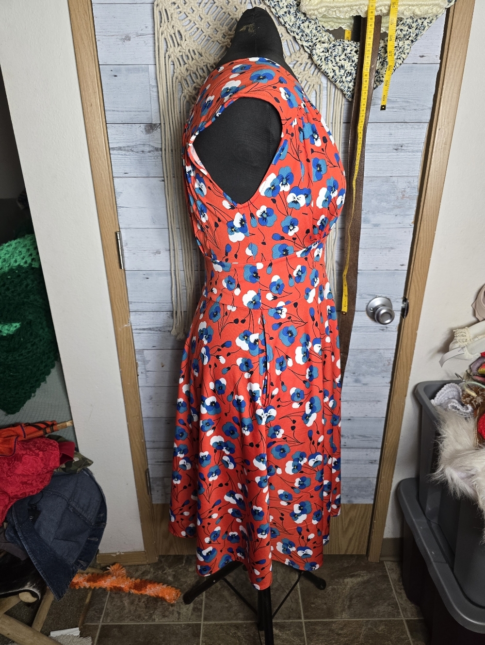 Karina Nora Dress Floral V-Neck Red Fit & Flare Modern Cottagecore Boho Chic - Picture 3 of 6